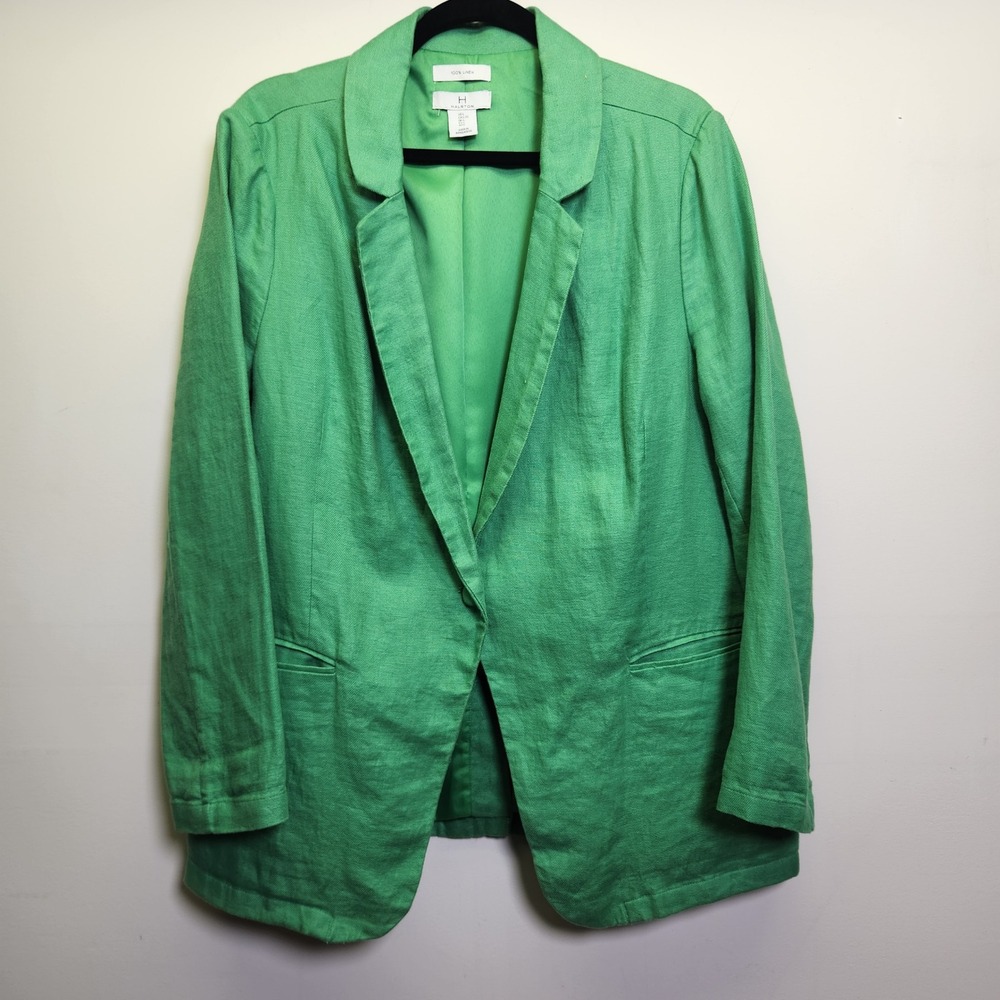 H by Halston Women's 100% Linen Blazer Lrg Lined Single Breasted‎ Kelly Green